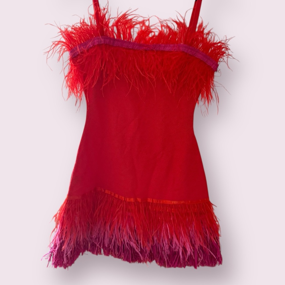❤️🔥 STAUD Etta Dress | Size S | Blood Orange Feather Mini ❤️🔥 - Picture 3 of 9